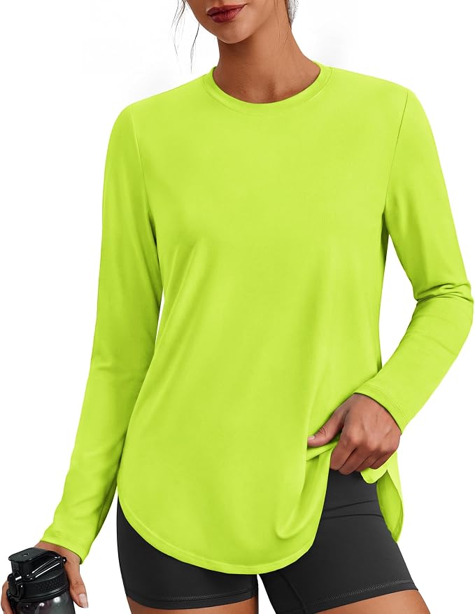 PINSPARK Women's Crew Neck Long Sleeve Workout Top - Lime Green