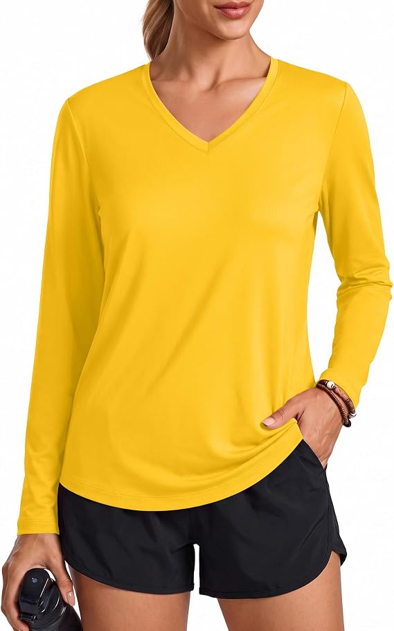 PINSPARK Women's V-Neck Long Sleeve Workout Top - Yellow