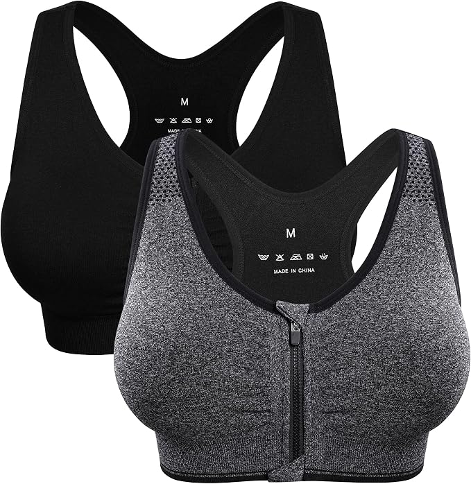 Black and grey zip-front sports bras, two-pack
