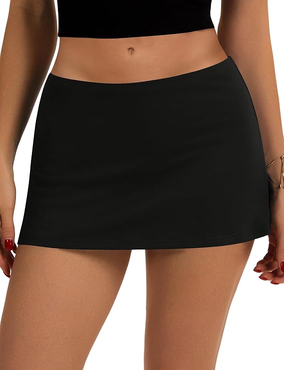 Black low-rise mini skort with built-in shorts